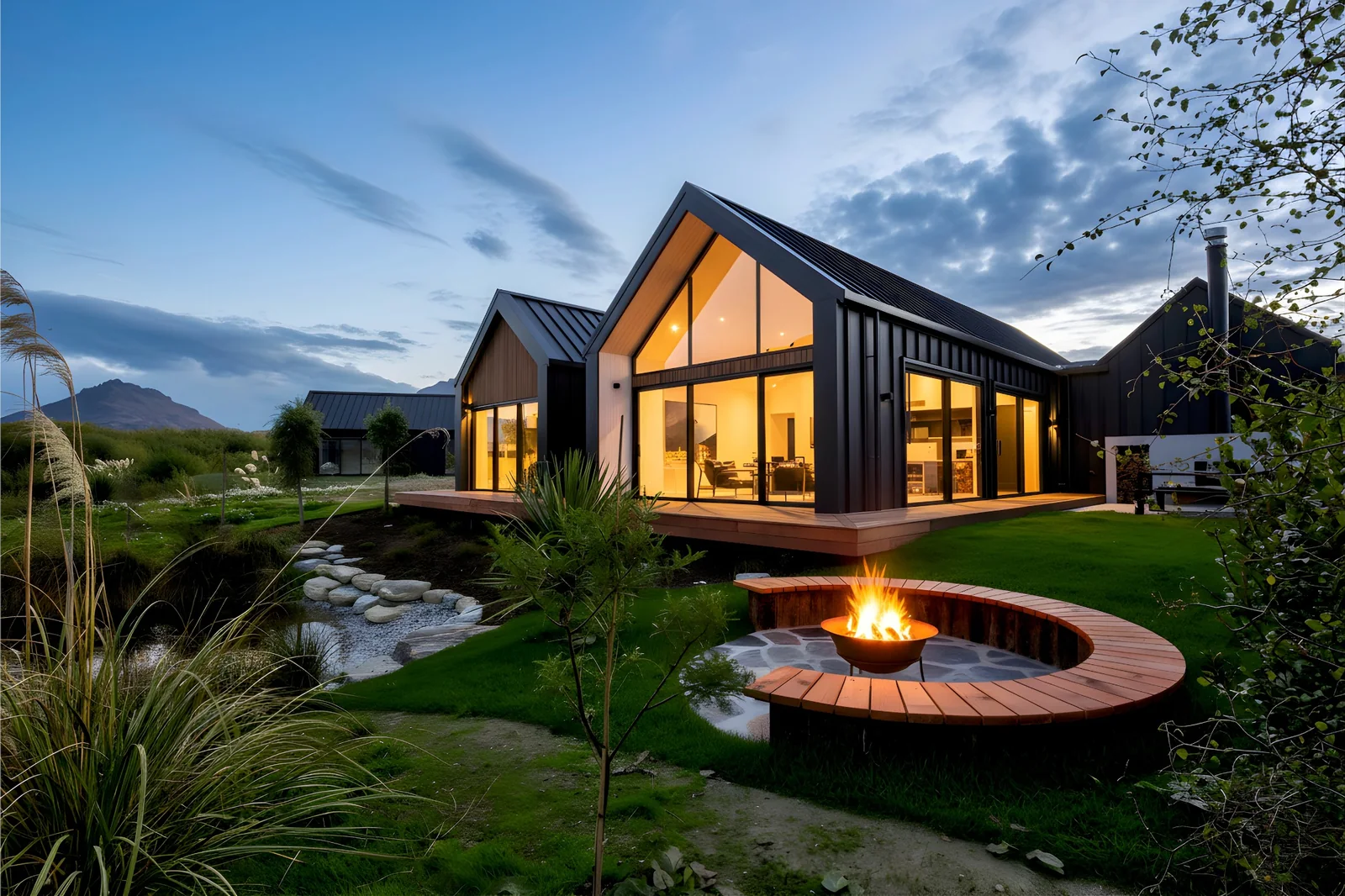 Outdoor firepit and residence illuminated at dusk