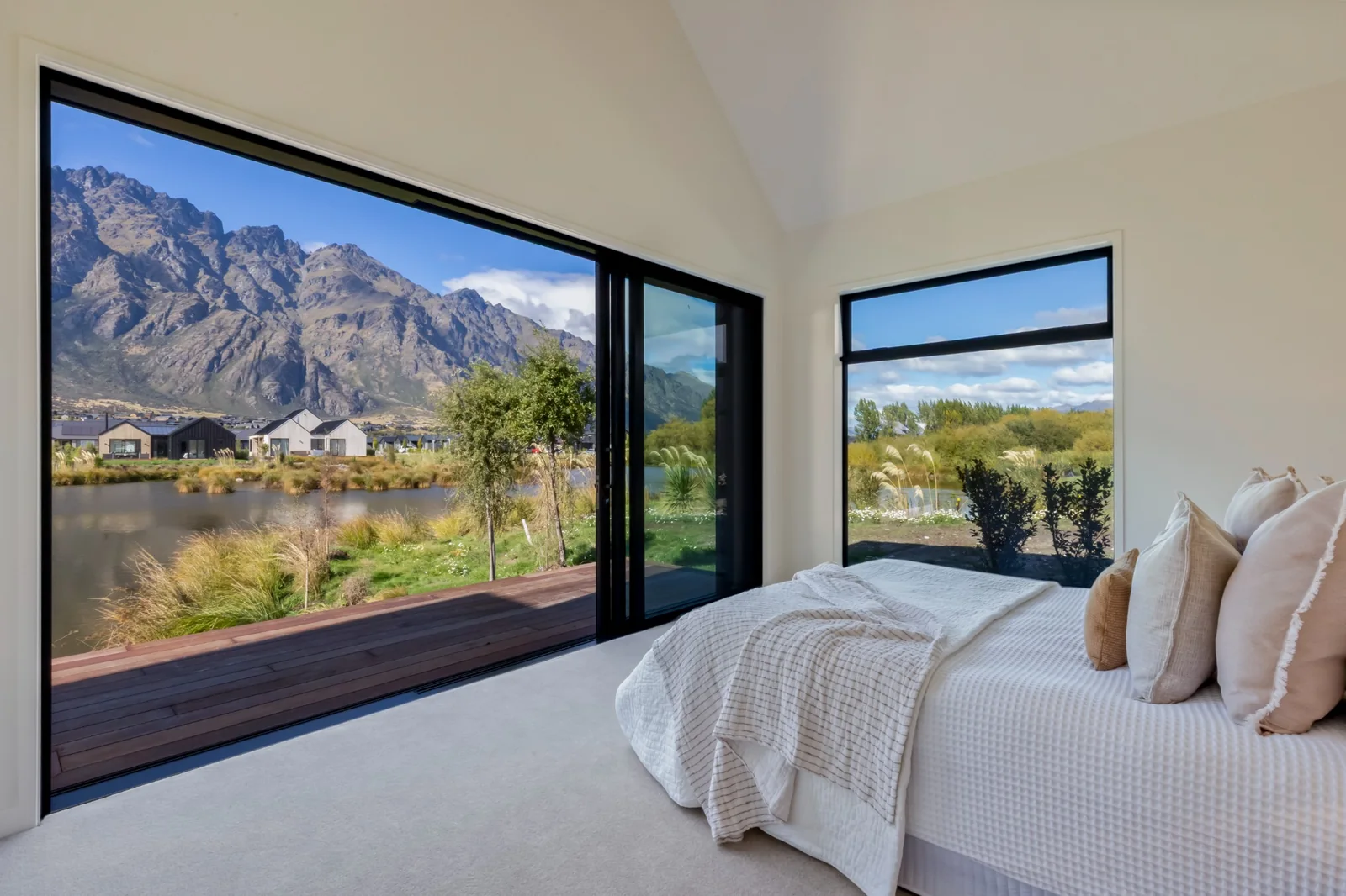 Master bedroom looking across Willow Pond toward The Remarkables
