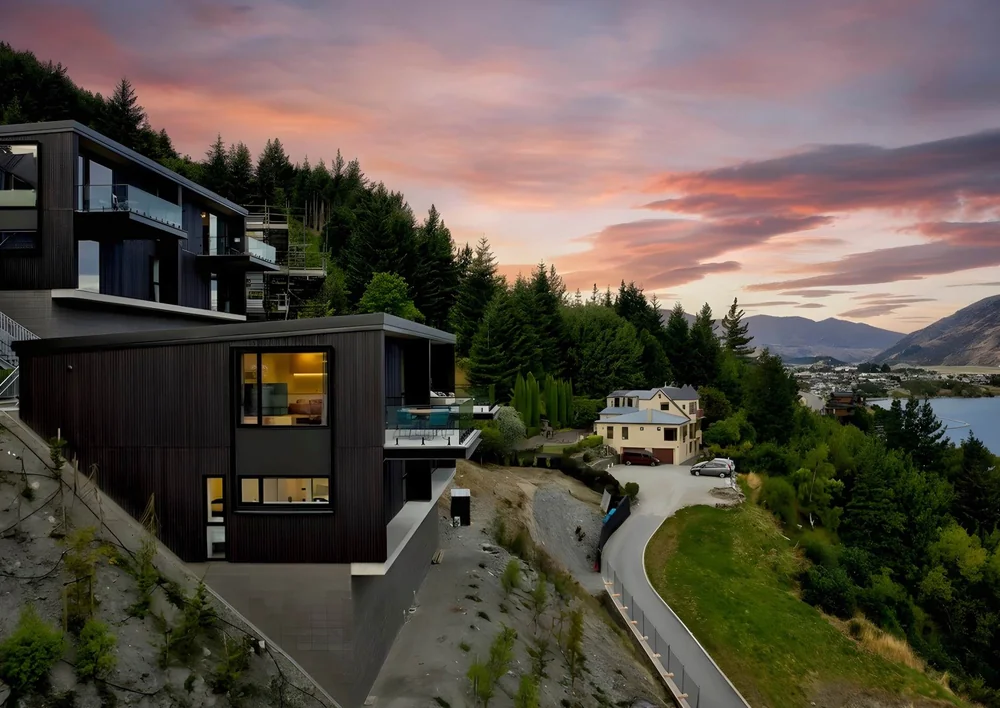 Exterior of the Queenstown Hill residence at dusk